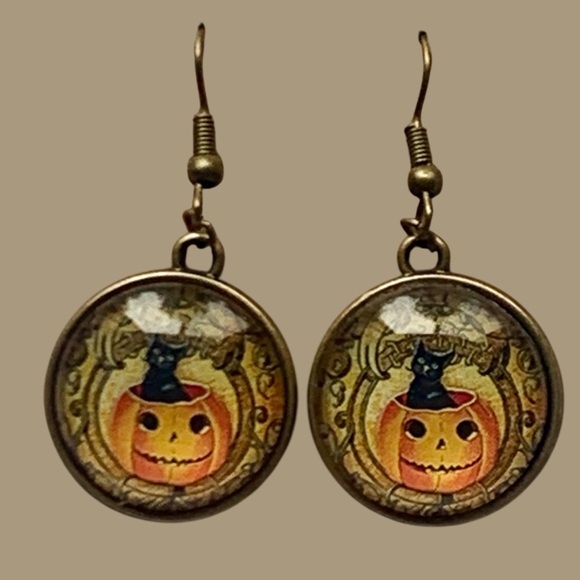 Alaska wild rose designs Jewelry - Pumpkin & Black Cat Halloween fishhook dangle Earrings
